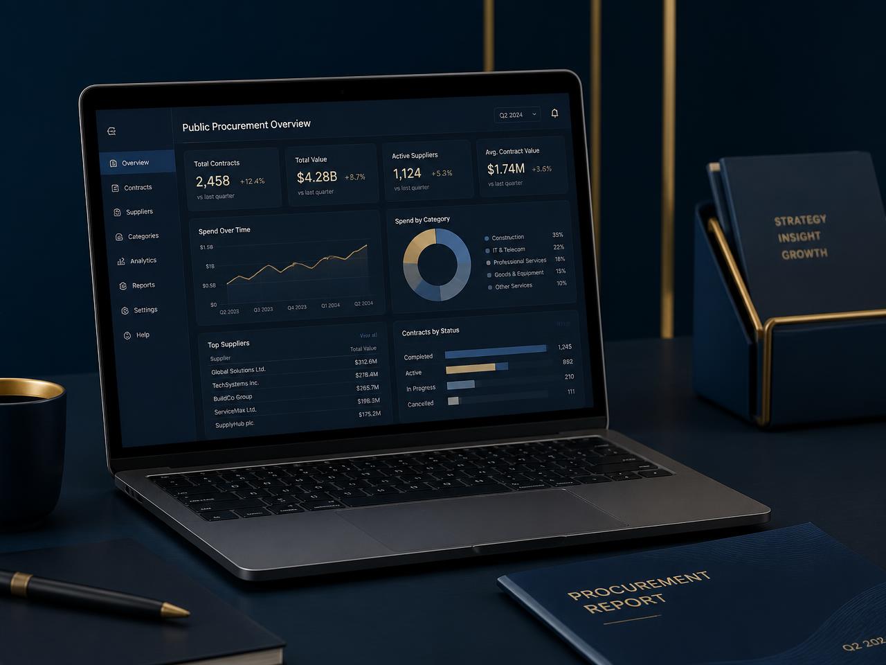 Painel de análise de dados de compras públicas em um notebook sobre mesa corporativa
